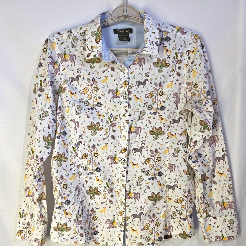 Ariat Equestrian Fox Hunt Horse Dog Floral Print Button Down Shirt White Large L